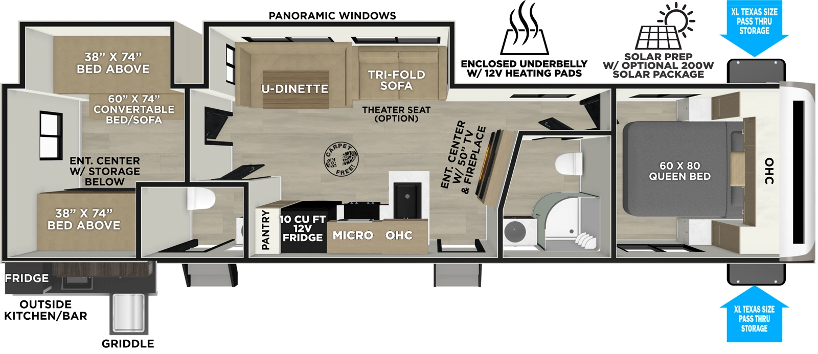The Hemisphere Travel Trailers 314BUD floorplan has two entries and two slide outs. Exterior features include: fiberglass exterior, 18' awning and outside kitchen. Interiors features include: bunk beds, u-dinette, front bedroom and bathroom and a half.